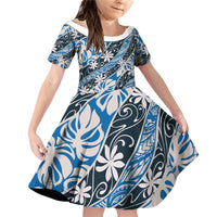 Ninamu Tahiti Tiare Monstera Family Matching Off Shoulder Short Dress and Hawaiian Shirt Polynesian Pattern Curve Style LT01 Daughter's Dress Blue - Polynesian Pride