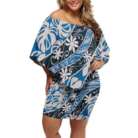Ninamu Tahiti Tiare Monstera Family Matching Off Shoulder Short Dress and Hawaiian Shirt Polynesian Pattern Curve Style LT01 Mom's Dress Blue - Polynesian Pride
