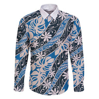 Ninamu Tahiti Tiare Monstera Family Matching Summer Maxi Dress and Hawaiian Shirt Polynesian Pattern Curve Style LT01 Dad's Shirt - Long Sleeve Blue - Polynesian Pride