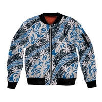 Ninamu Tahiti Tiare Monstera Sleeve Zip Bomber Jacket Polynesian Pattern Curve Style LT01 Unisex Blue - Polynesian Pride