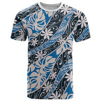 Ninamu Tahiti Tiare Monstera T Shirt Polynesian Pattern Curve Style LT01 Blue - Polynesian Pride