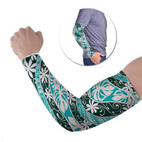 Cyan Tahiti Tiare Monstera Arm Sleeves Polynesian Pattern Curve Style LT01 Set of 2 Cyan - Polynesian Pride