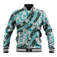 Cyan Tahiti Tiare Monstera Baseball Jacket Polynesian Pattern Curve Style LT01 Unisex Cyan - Polynesian Pride