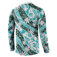 Cyan Tahiti Tiare Monstera Button Sweatshirt Polynesian Pattern Curve Style LT01 - Polynesian Pride
