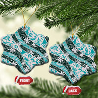 Cyan Tahiti Tiare Monstera Ceramic Ornament Polynesian Pattern Curve Style - Polynesian Pride