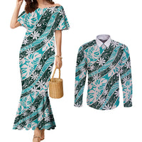 Cyan Tahiti Tiare Monstera Couples Matching Mermaid Dress and Long Sleeve Button Shirt Polynesian Pattern Curve Style LT01 Cyan - Polynesian Pride