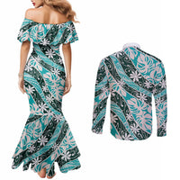 Cyan Tahiti Tiare Monstera Couples Matching Mermaid Dress and Long Sleeve Button Shirt Polynesian Pattern Curve Style LT01 - Polynesian Pride