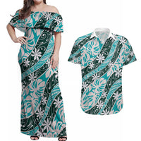 Cyan Tahiti Tiare Monstera Couples Matching Off Shoulder Maxi Dress and Hawaiian Shirt Polynesian Pattern Curve Style - Polynesian Pride
