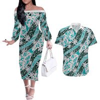 Cyan Tahiti Tiare Monstera Couples Matching Off The Shoulder Long Sleeve Dress and Hawaiian Shirt Polynesian Pattern Curve Style LT01 Cyan - Polynesian Pride
