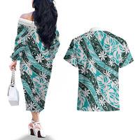 Cyan Tahiti Tiare Monstera Couples Matching Off The Shoulder Long Sleeve Dress and Hawaiian Shirt Polynesian Pattern Curve Style LT01 - Polynesian Pride