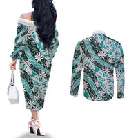 Cyan Tahiti Tiare Monstera Couples Matching Off The Shoulder Long Sleeve Dress and Long Sleeve Button Shirt Polynesian Pattern Curve Style LT01 - Polynesian Pride