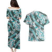 Cyan Tahiti Tiare Monstera Couples Matching Puletasi and Hawaiian Shirt Polynesian Pattern Curve Style - Polynesian Pride