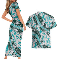 Cyan Tahiti Tiare Monstera Couples Matching Short Sleeve Bodycon Dress and Hawaiian Shirt Polynesian Pattern Curve Style LT01 - Polynesian Pride