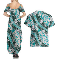 Cyan Tahiti Tiare Monstera Couples Matching Summer Maxi Dress and Hawaiian Shirt Polynesian Pattern Curve Style LT01 - Polynesian Pride