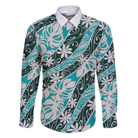 Cyan Tahiti Tiare Monstera Family Matching Long Sleeve Bodycon Dress and Hawaiian Shirt Polynesian Pattern Curve Style - Polynesian Pride