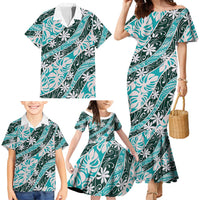 Cyan Tahiti Tiare Monstera Family Matching Mermaid Dress and Hawaiian Shirt Polynesian Pattern Curve Style - Polynesian Pride