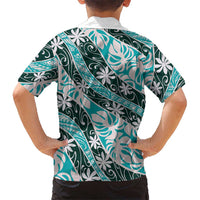 Cyan Tahiti Tiare Monstera Family Matching Off The Shoulder Long Sleeve Dress and Hawaiian Shirt Polynesian Pattern Curve Style LT01 - Polynesian Pride