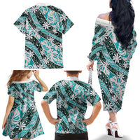 Cyan Tahiti Tiare Monstera Family Matching Off The Shoulder Long Sleeve Dress and Hawaiian Shirt Polynesian Pattern Curve Style LT01 - Polynesian Pride
