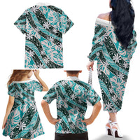 Cyan Tahiti Tiare Monstera Family Matching Off The Shoulder Long Sleeve Dress and Hawaiian Shirt Polynesian Pattern Curve Style - Polynesian Pride
