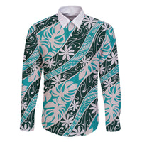 Cyan Tahiti Tiare Monstera Family Matching Off The Shoulder Long Sleeve Dress and Hawaiian Shirt Polynesian Pattern Curve Style - Polynesian Pride