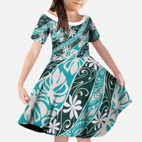 Cyan Tahiti Tiare Monstera Family Matching Puletasi and Hawaiian Shirt Polynesian Pattern Curve Style LT01 Daughter's Dress Cyan - Polynesian Pride