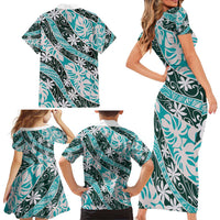 Cyan Tahiti Tiare Monstera Family Matching Short Sleeve Bodycon Dress and Hawaiian Shirt Polynesian Pattern Curve Style LT01 - Polynesian Pride