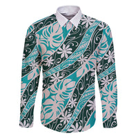 Cyan Tahiti Tiare Monstera Family Matching Short Sleeve Bodycon Dress and Hawaiian Shirt Polynesian Pattern Curve Style LT01 Dad's Shirt - Long Sleeve Cyan - Polynesian Pride