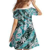 Cyan Tahiti Tiare Monstera Kid Short Sleeve Dress Polynesian Pattern Curve Style - Polynesian Pride