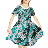 Cyan Tahiti Tiare Monstera Kid Short Sleeve Dress Polynesian Pattern Curve Style - Polynesian Pride