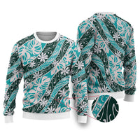 Cyan Tahiti Tiare Monstera Ugly Christmas Sweater Polynesian Pattern Curve Style - Polynesian Pride