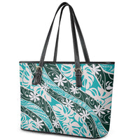 Cyan Tahiti Tiare Monstera Leather Tote Bag Polynesian Pattern Curve Style - Polynesian Pride