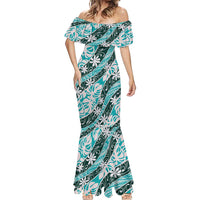 Cyan Tahiti Tiare Monstera Mermaid Dress Polynesian Pattern Curve Style - Polynesian Pride