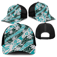Cyan Tahiti Tiare Monstera Mesh Trucker Cap Polynesian Pattern Curve Style - Polynesian Pride