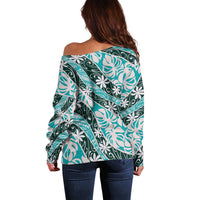 Cyan Tahiti Tiare Monstera Off Shoulder Sweater Polynesian Pattern Curve Style LT01 - Polynesian Pride