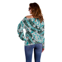 Cyan Tahiti Tiare Monstera Off Shoulder Sweater Polynesian Pattern Curve Style LT01 - Polynesian Pride