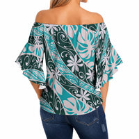 Cyan Tahiti Tiare Monstera Off Shoulder Wrap Waist Top Polynesian Pattern Curve Style LT01 - Polynesian Pride