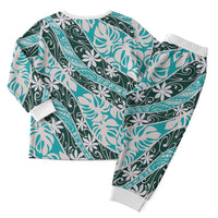 Cyan Tahiti Tiare Monstera Christmas Pajama Set Polynesian Pattern Curve Style - Polynesian Pride