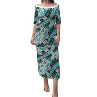 Cyan Tahiti Tiare Monstera Puletasi Polynesian Pattern Curve Style LT01 Long Dress Cyan - Polynesian Pride