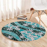 Cyan Tahiti Tiare Monstera Round Carpet Polynesian Pattern Curve Style LT01 - Polynesian Pride