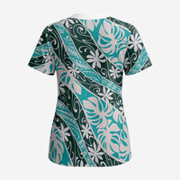 Cyan Tahiti Tiare Monstera Scrub Top Polynesian Pattern Curve Style LT01 - Polynesian Pride