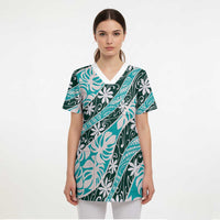 Cyan Tahiti Tiare Monstera Scrub Top Polynesian Pattern Curve Style LT01 - Polynesian Pride