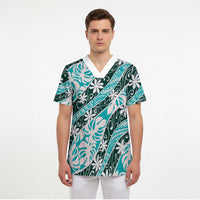 Cyan Tahiti Tiare Monstera Scrub Top Polynesian Pattern Curve Style LT01 - Polynesian Pride
