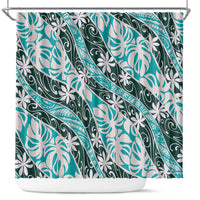 Cyan Tahiti Tiare Monstera Shower Curtain Polynesian Pattern Curve Style - Polynesian Pride