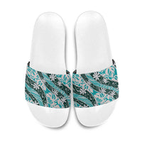 Cyan Tahiti Tiare Monstera Slide Sandals Polynesian Pattern Curve Style - Polynesian Pride