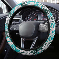 Cyan Tahiti Tiare Monstera Steering Wheel Cover Polynesian Pattern Curve Style - Polynesian Pride