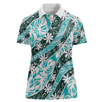 Cyan Tahiti Tiare Monstera Women Polo Shirt Polynesian Pattern Curve Style - Polynesian Pride
