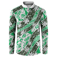 Matie Tahiti Tiare Monstera Button Sweatshirt Polynesian Pattern Curve Style LT01 Green - Polynesian Pride