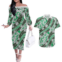 Matie Tahiti Tiare Monstera Couples Matching Off The Shoulder Long Sleeve Dress and Hawaiian Shirt Polynesian Pattern Curve Style LT01 Green - Polynesian Pride