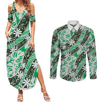 Matie Tahiti Tiare Monstera Couples Matching Summer Maxi Dress and Long Sleeve Button Shirt Polynesian Pattern Curve Style - Polynesian Pride