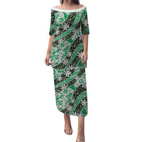 Matie Tahiti Tiare Monstera Family Matching Puletasi and Hawaiian Shirt Polynesian Pattern Curve Style LT01 Mom's Dress Green - Polynesian Pride